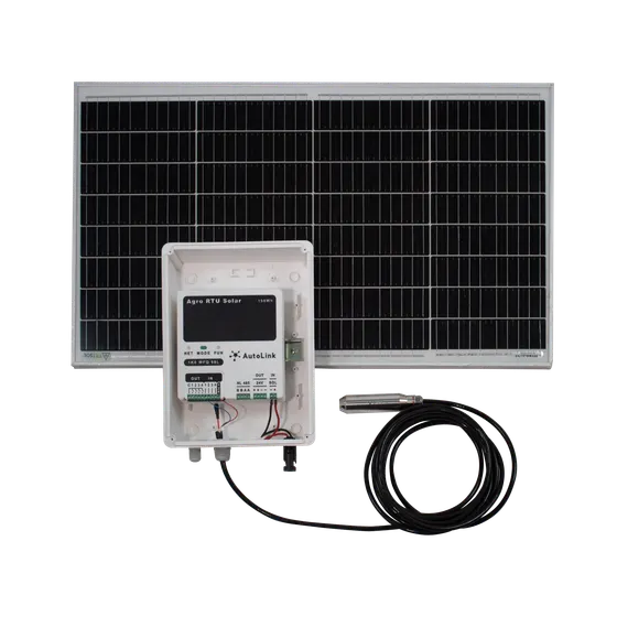 Kit solar de Autolink para medir nivel de agua: Agro RTU Solar en gabinete, panel solar y sensor de nivel