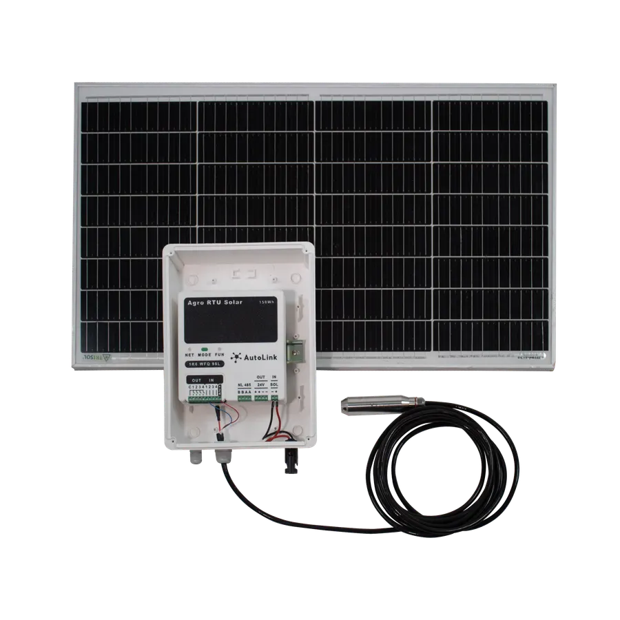 Kit solar de Autolink para medir nivel de agua: Agro RTU Solar en gabinete, panel solar y sensor de nivel