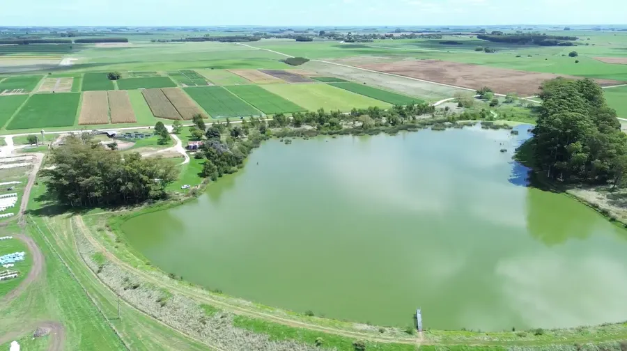 Vista aérea de una represa rodeada de campos de cultivo en Uruguay